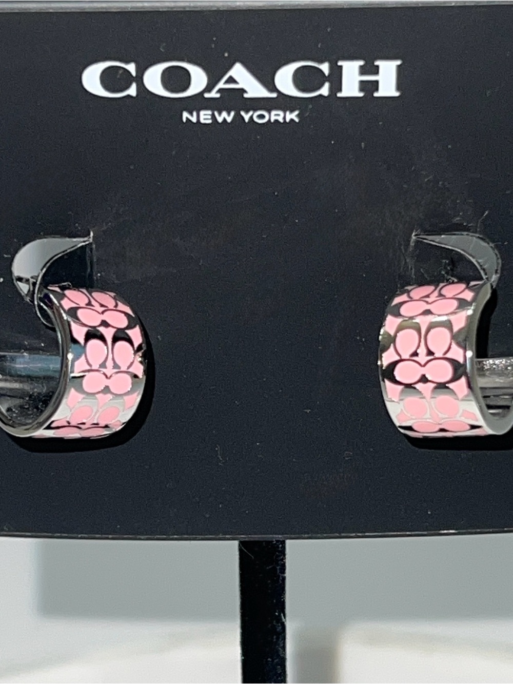Coach Signature Enamel Huggie Earrings Featuring a Pink and Silver Design